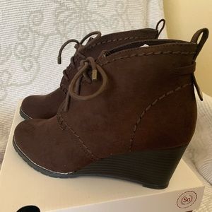 Brown wedge booties
